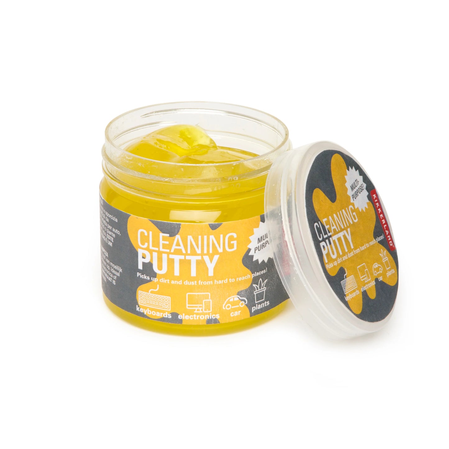 Jar of cleaning putty with a yellow slime inside on a white background