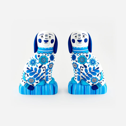 Blue and White Paper Mache Dog Figurines Set of 2