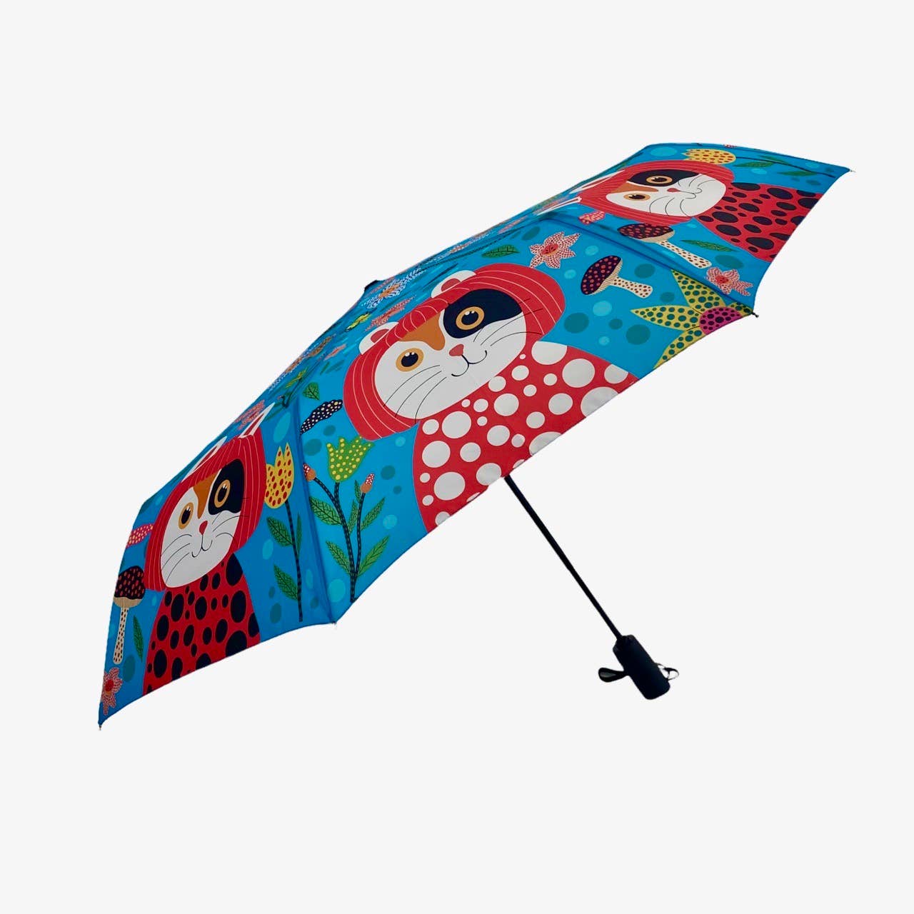 Colorful umbrella with cat design on a white background