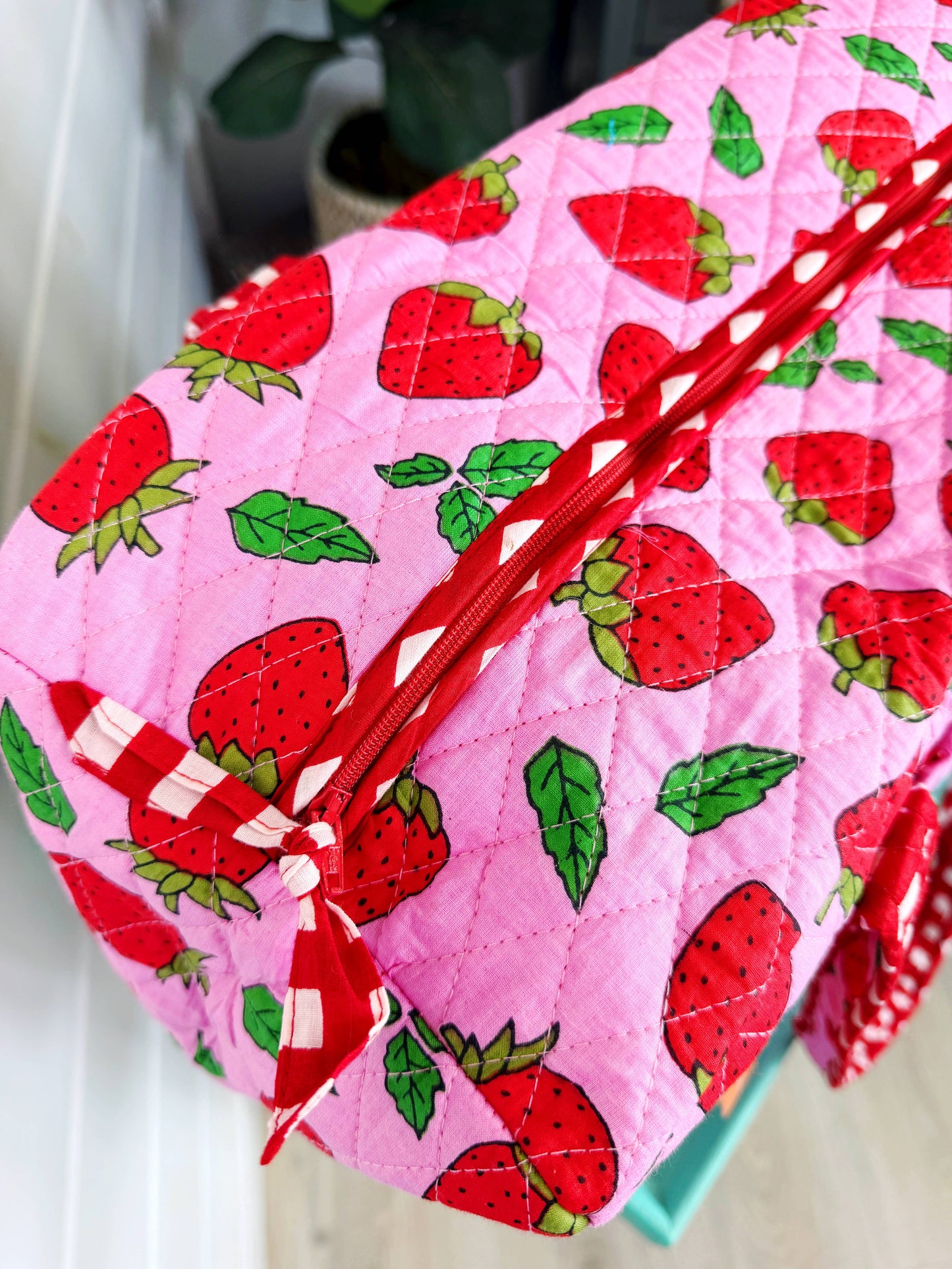 Quilted Duffle Bag | Weekender Overnight Bag | Strawberry