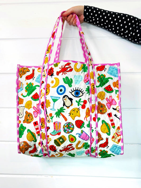 Tote Bags Quilted | Large Travel Tote | Lucky Vibes White