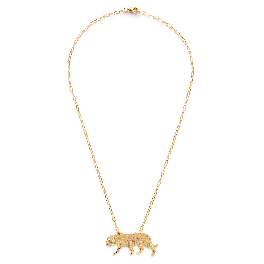 Gold necklace with a tiger pendant on a white background