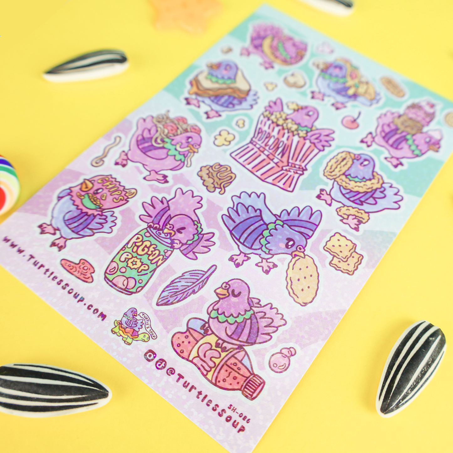 Sheet of colorful stickers with cartoon characters on a yellow background
