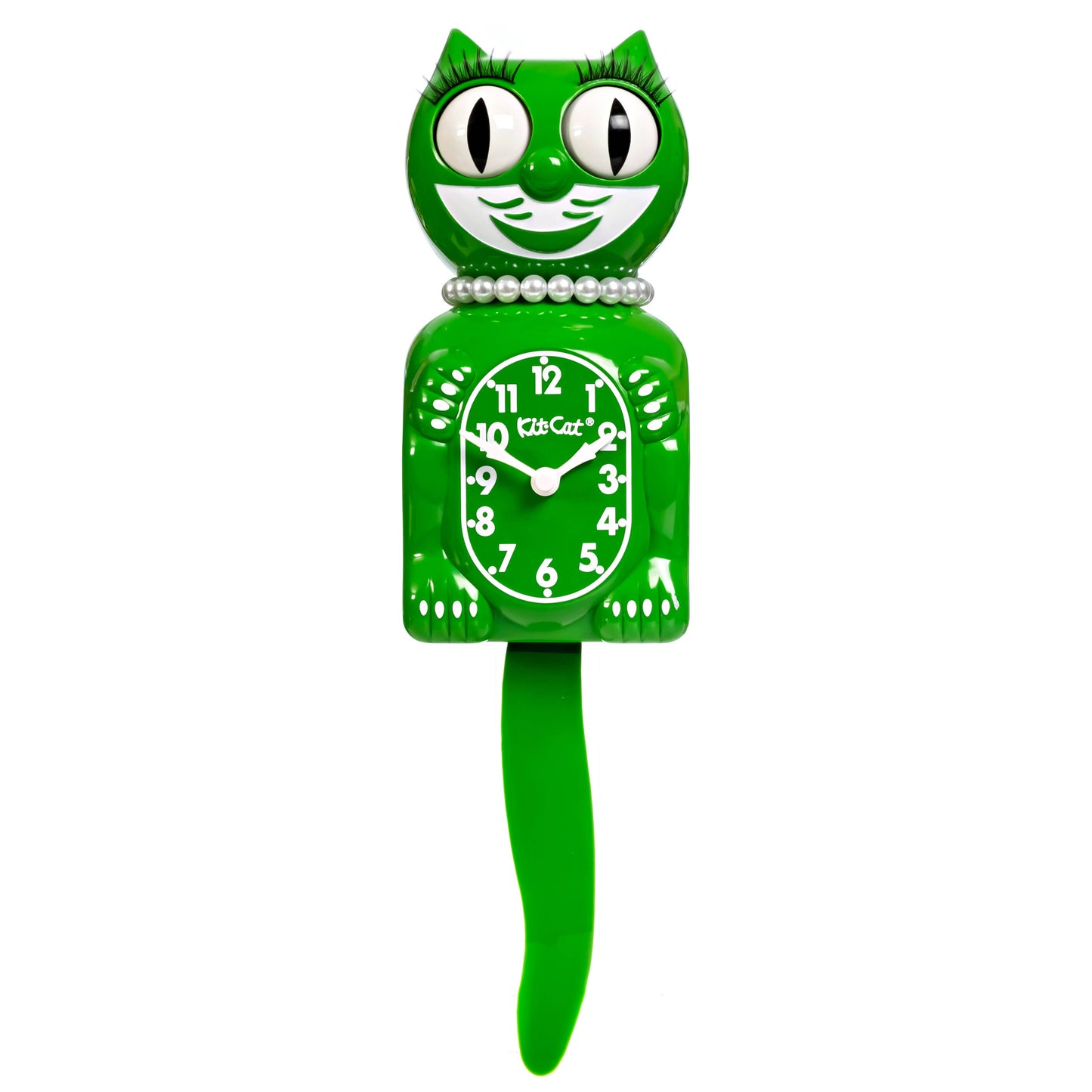 Green vintage Kitty Kat clock with pearls on a white background