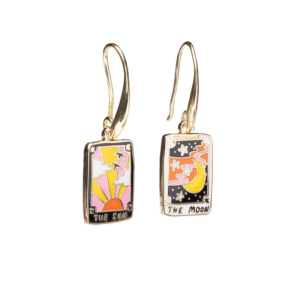 Pair of earrings with 'The Sun' and 'The Moon' designs on a white background