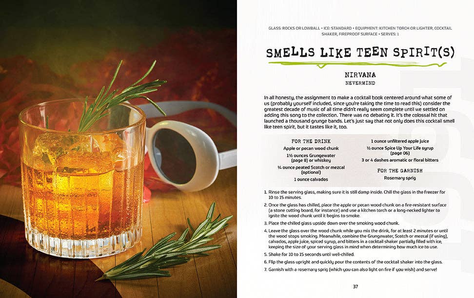 Cocktail in a glass with a garnish on a wooden surface, next to a recipe card for 'Smells Like Teen Spirit(s)' by Nirvana.