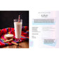 Glass of milkshake with a straw on a colorful cloth next to a recipe card.