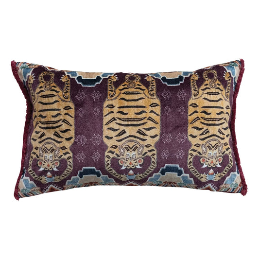 Cotton Velvet Printed Lumbar Pillow w/ Tibetan Tigers