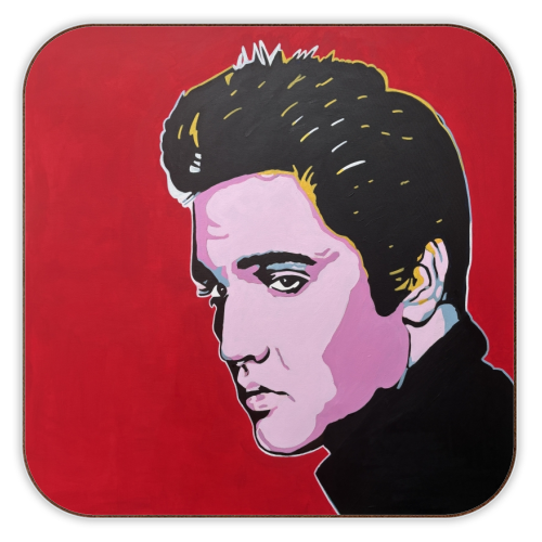 Coaster with a stylized portrait of Elvis Presley on a red background