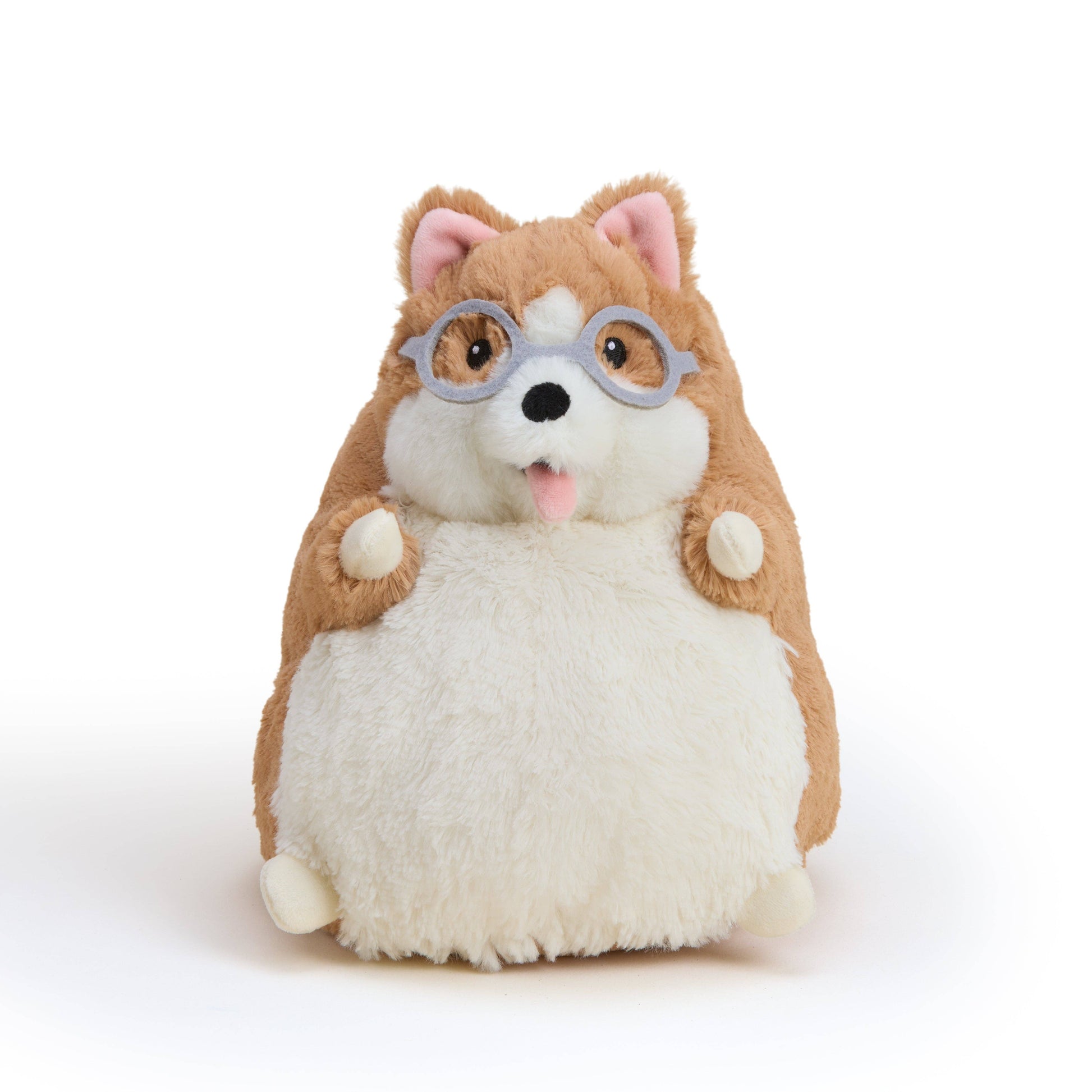 Plush toy corgi dog with glasses on a white background