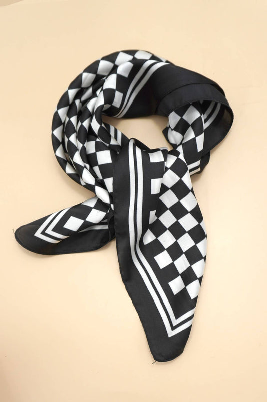Checker Print Black and White Silk Finish Scarf