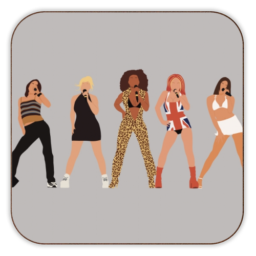 Illustrations of The Spice Girls in various outfits on a gray background