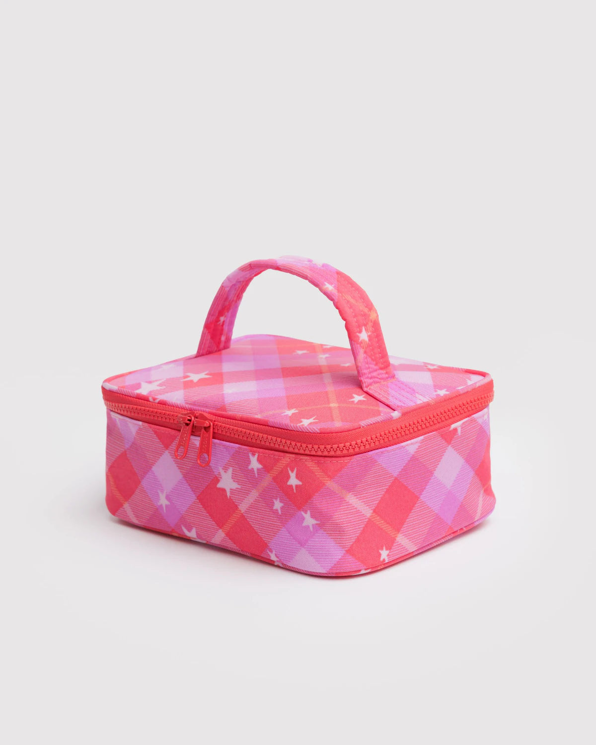 Pink checkered makeup bag on a light gray background