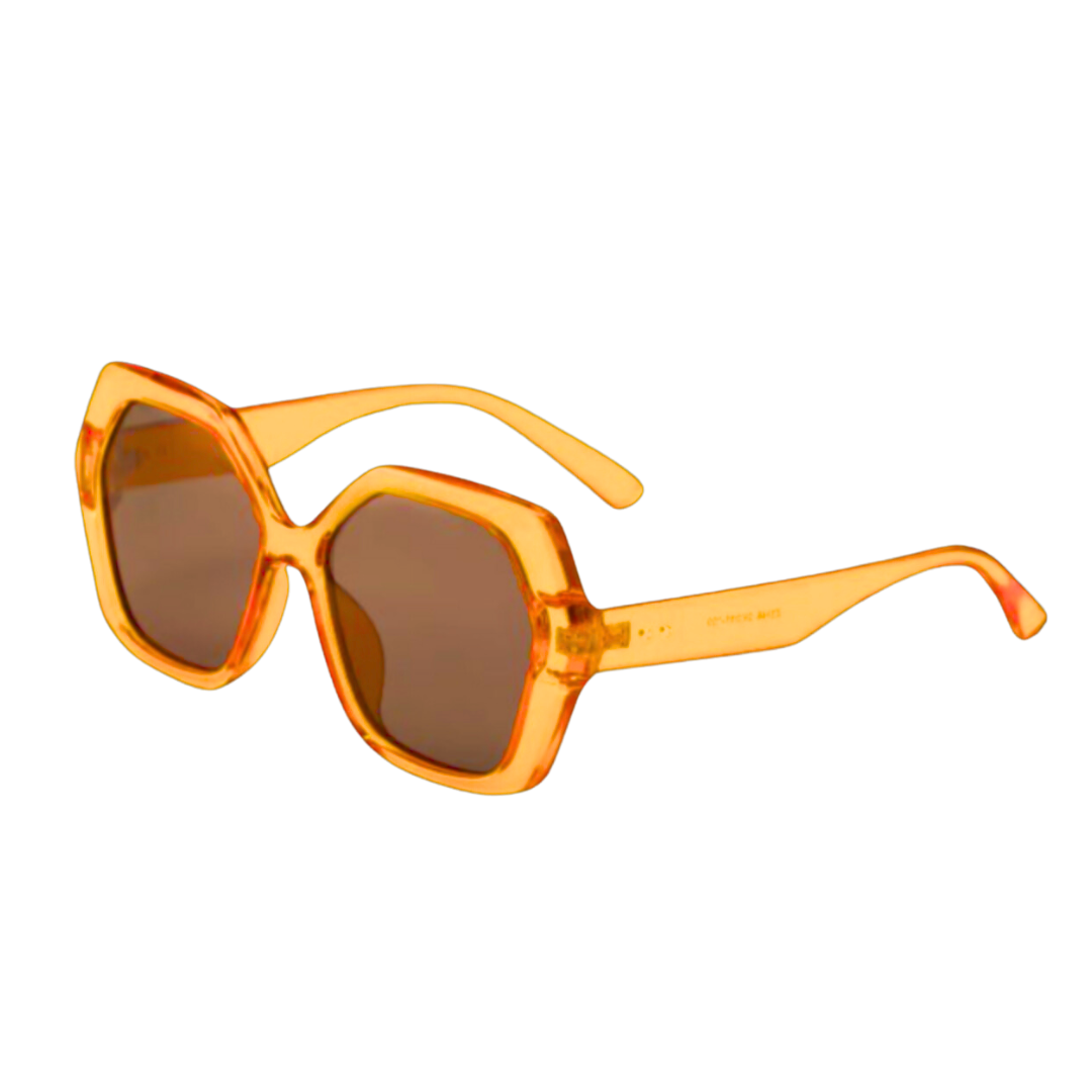 Orange sunglasses with brown lenses on a white background