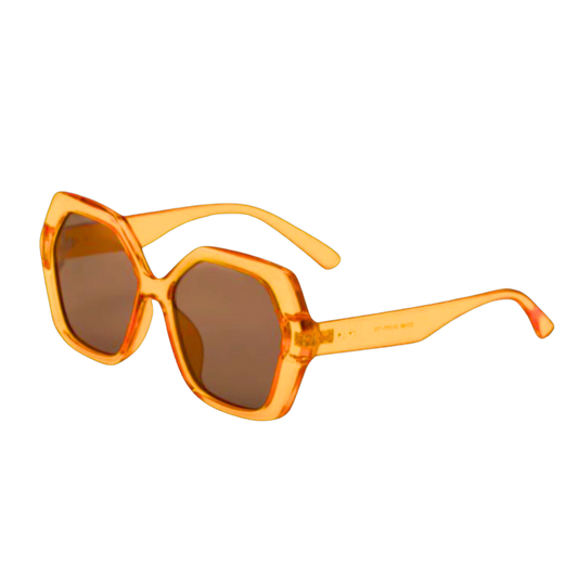 Orange sunglasses with brown lenses on a white background