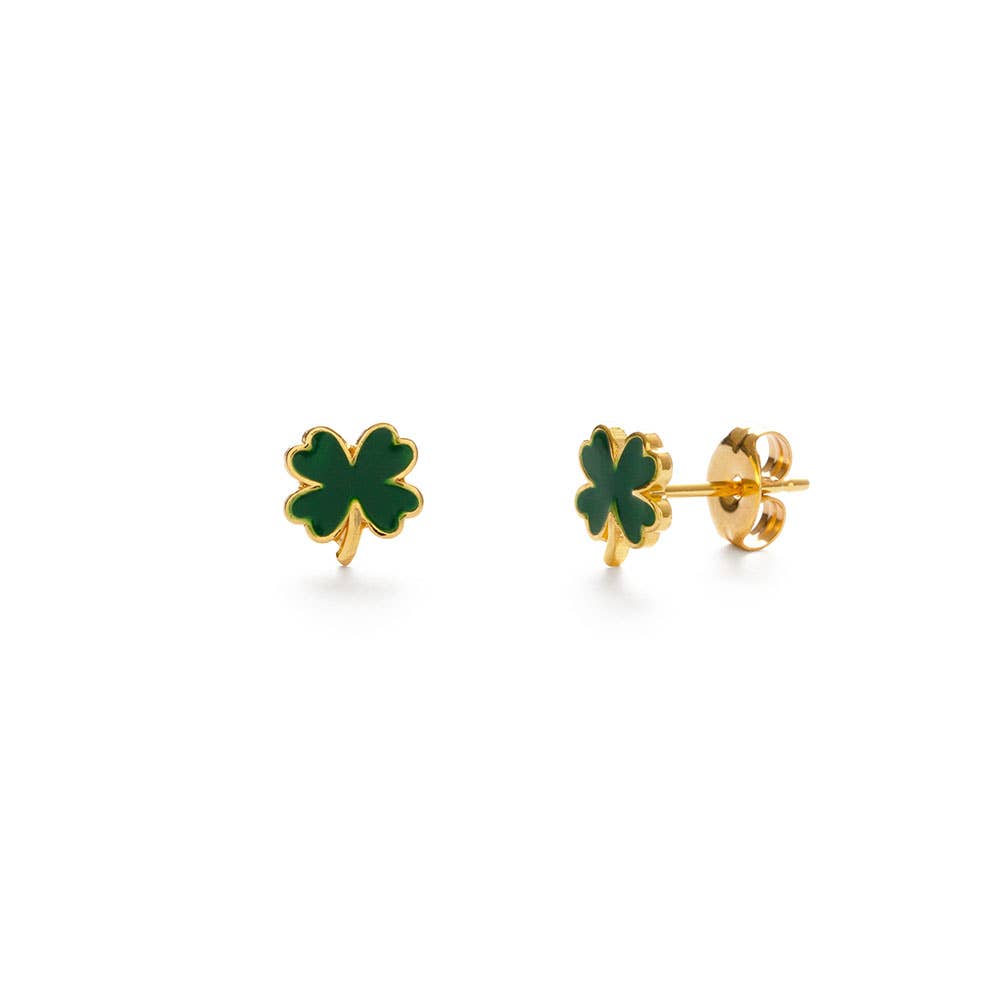 Gold stud earrings with green 4 leaf clover designs on a white background