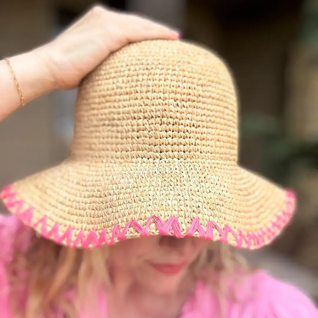 Floppy Bucket Hat - Pink Zigzag Trim