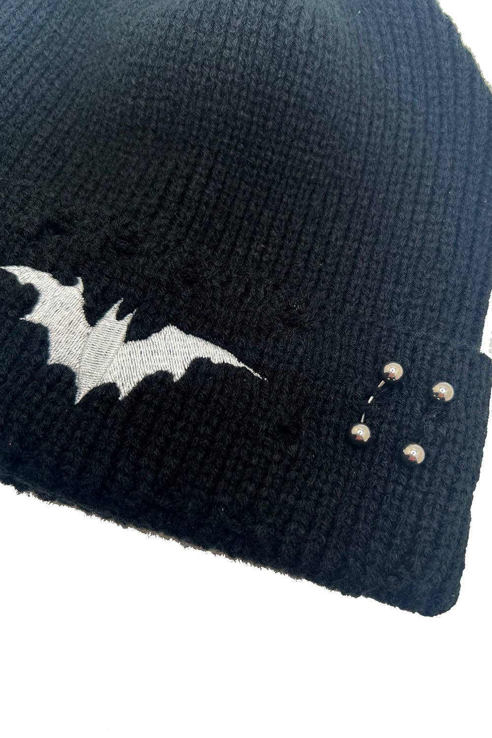 Distressed Pierced White Bat Beanie