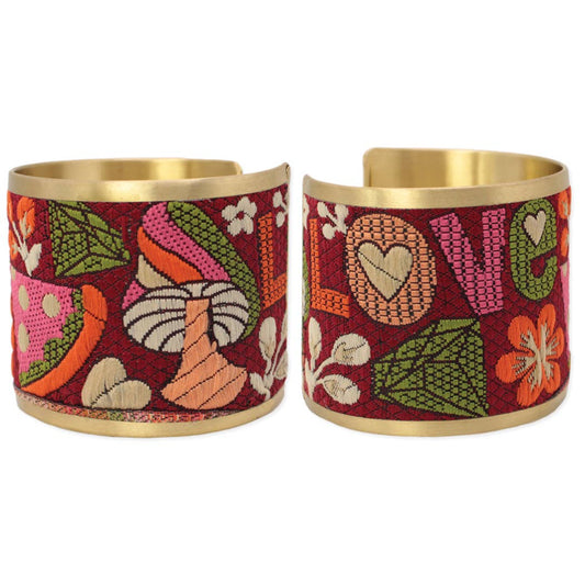 Retro Vibes Embroidered Icons Gold Cuff Bracelet