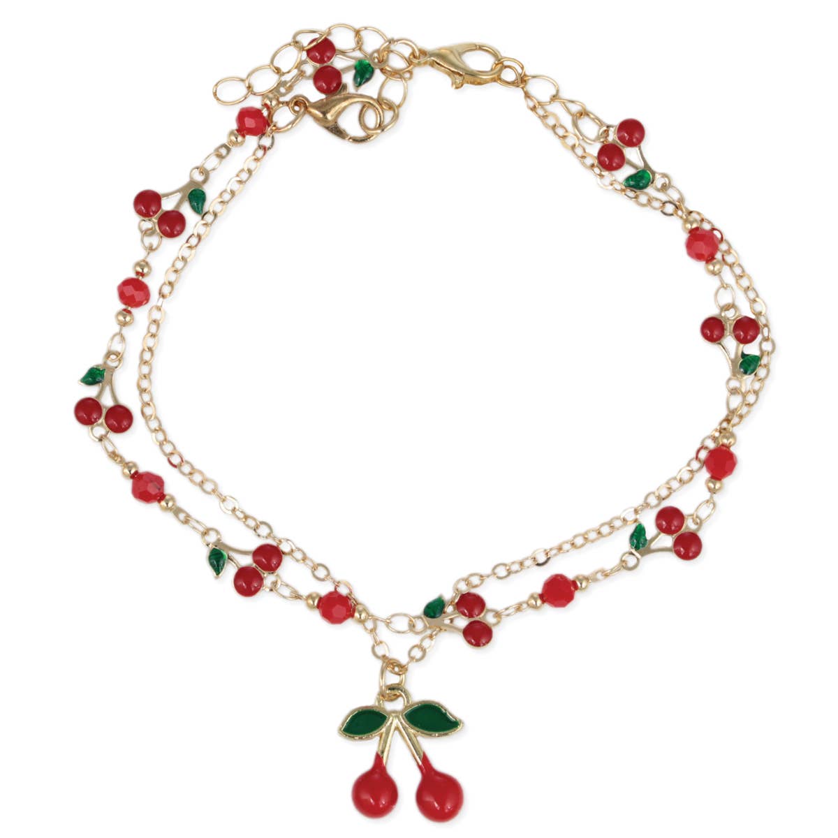 Gold bracelet with red and green cherry beads on a white background