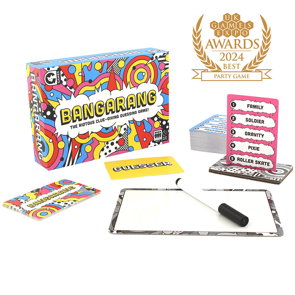 Bangarang game set with colorful packaging and game components on a white background