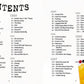Table of contents page with music track listings and colorful drink images on a white background.
