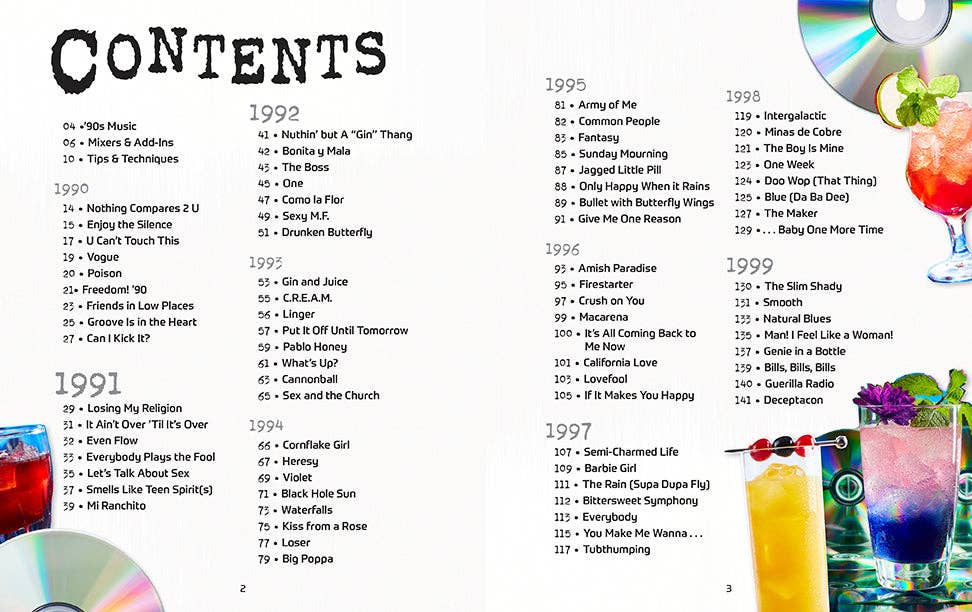Table of contents page with music track listings and colorful drink images on a white background.