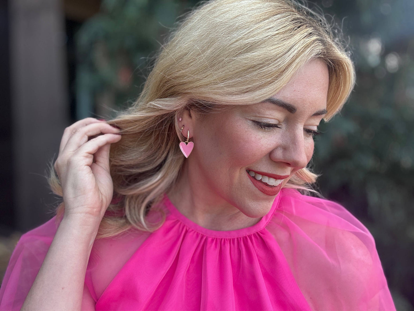 Huggie Earrings - Pink Enamel Heart Charms