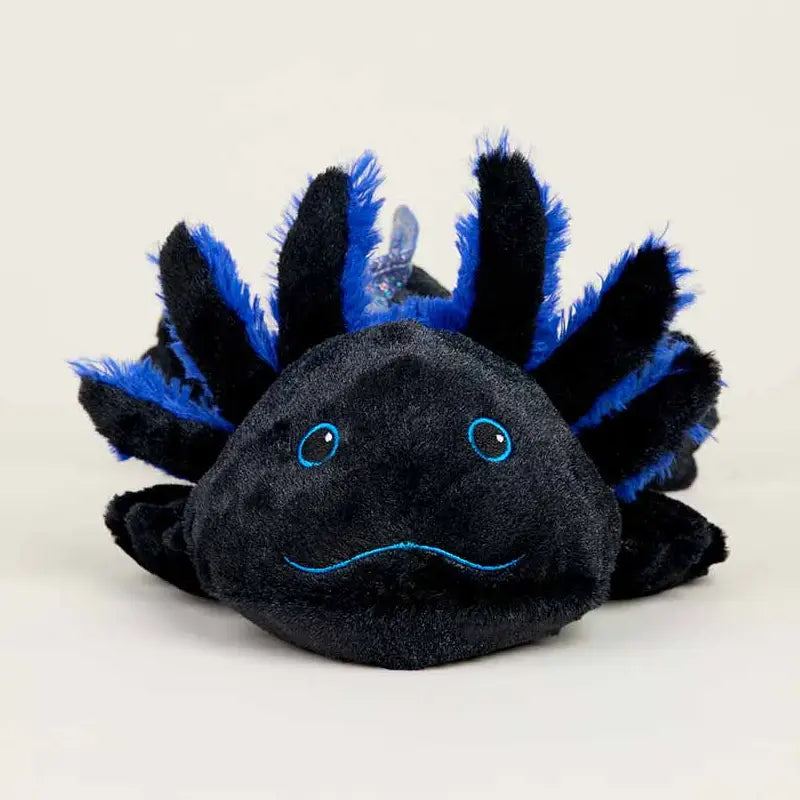 Black and blue plush axolotl toy on a white background