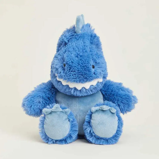 Blue plush t-rex on a light gray background