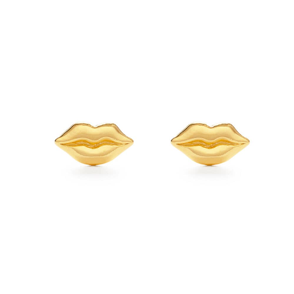 Gold lip-shaped earrings on a white background