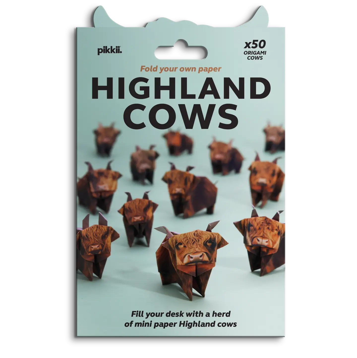 Pack of origami Highland cows on a light blue background