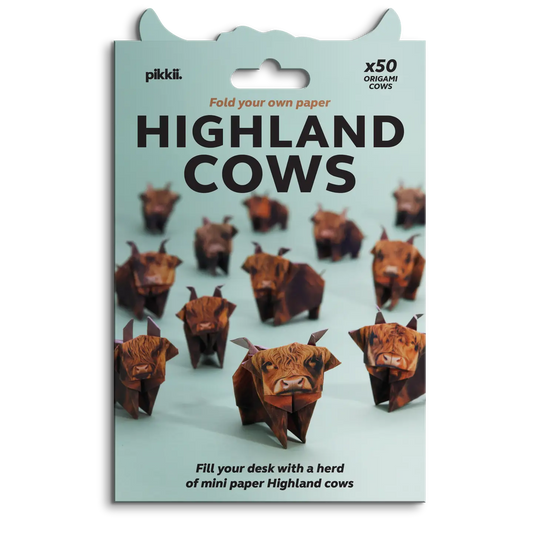 Pack of origami Highland cows on a light blue background