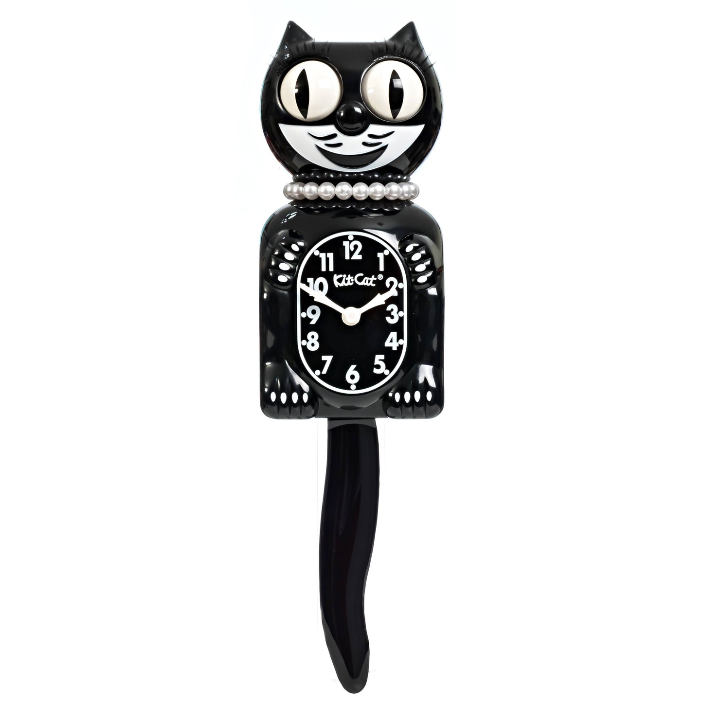Black cat-shaped clock with pearls and white face on a white background