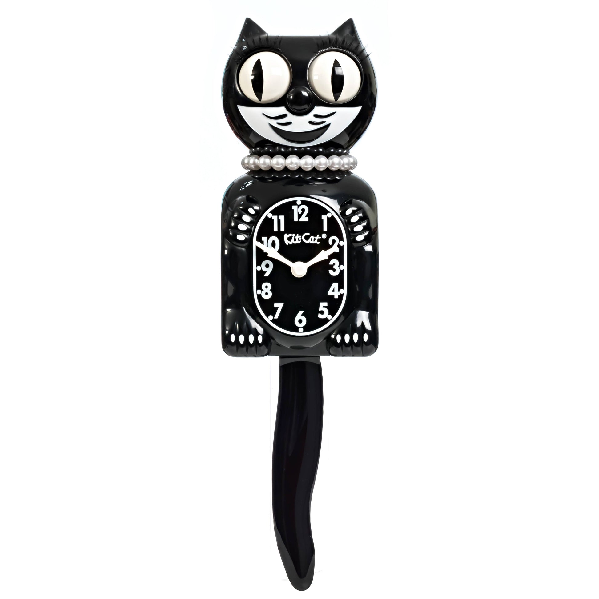 Black cat-shaped clock with pearls and white face on a white background