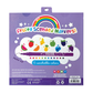 Packaging of fruity scented markers with a rainbow and fruit illustrations on a purple background.