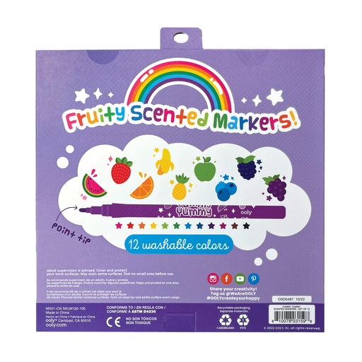 Packaging of fruity scented markers with a rainbow and fruit illustrations on a purple background.