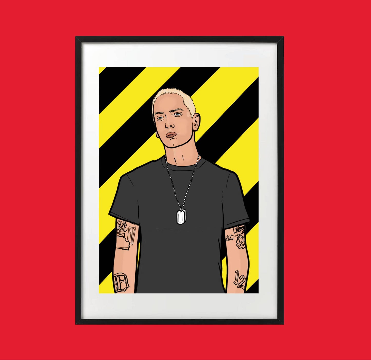 Framed artwork of Eminem on a red background