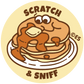 Logo with pancakes and 'Scratch & Sniff' text on a beige background