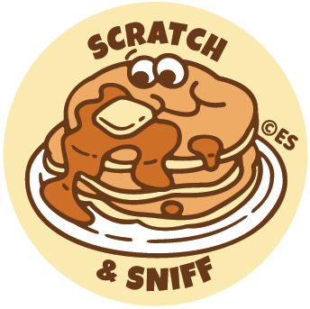 Logo with pancakes and 'Scratch & Sniff' text on a beige background