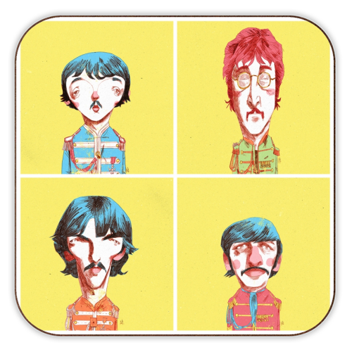 Four illustrated portraits of Beatles members on a yellow background coaster