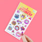 Sheet of colorful stickers with 'Turtle's Soup Stickers' branding on a pink background.