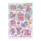 Sheet of colorful cartoon stickers featuring various characters on a light blue background.