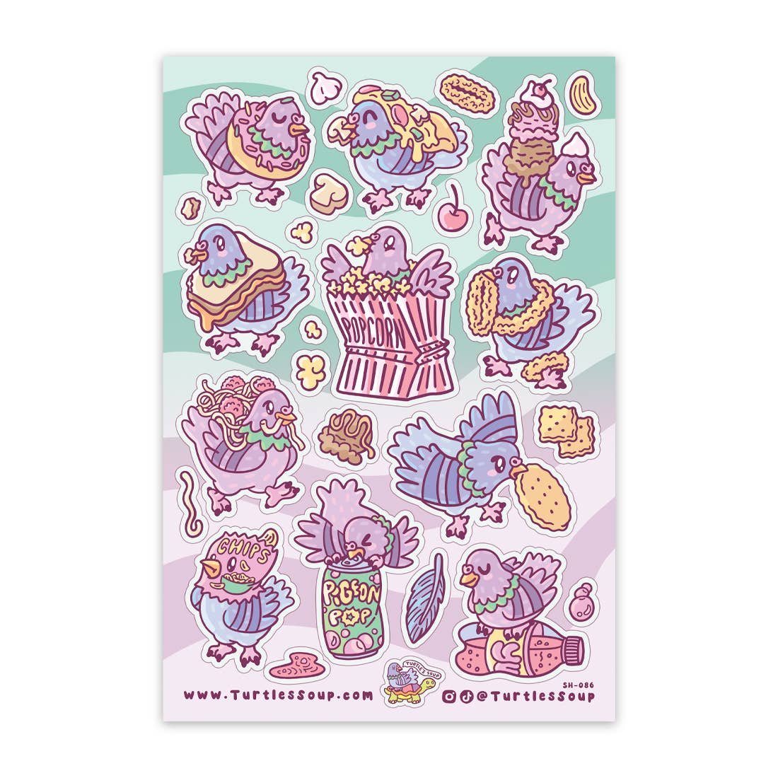 Sheet of colorful cartoon stickers featuring various characters on a light blue background.