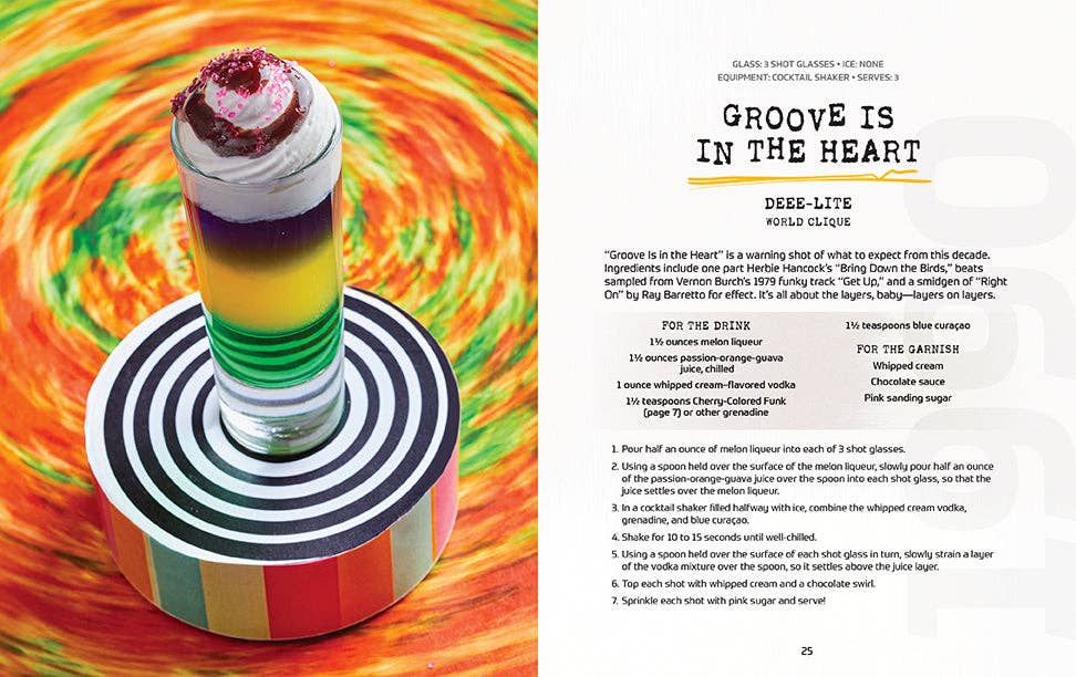 Colorful dessert with a striped base on a swirling background, accompanied by text.