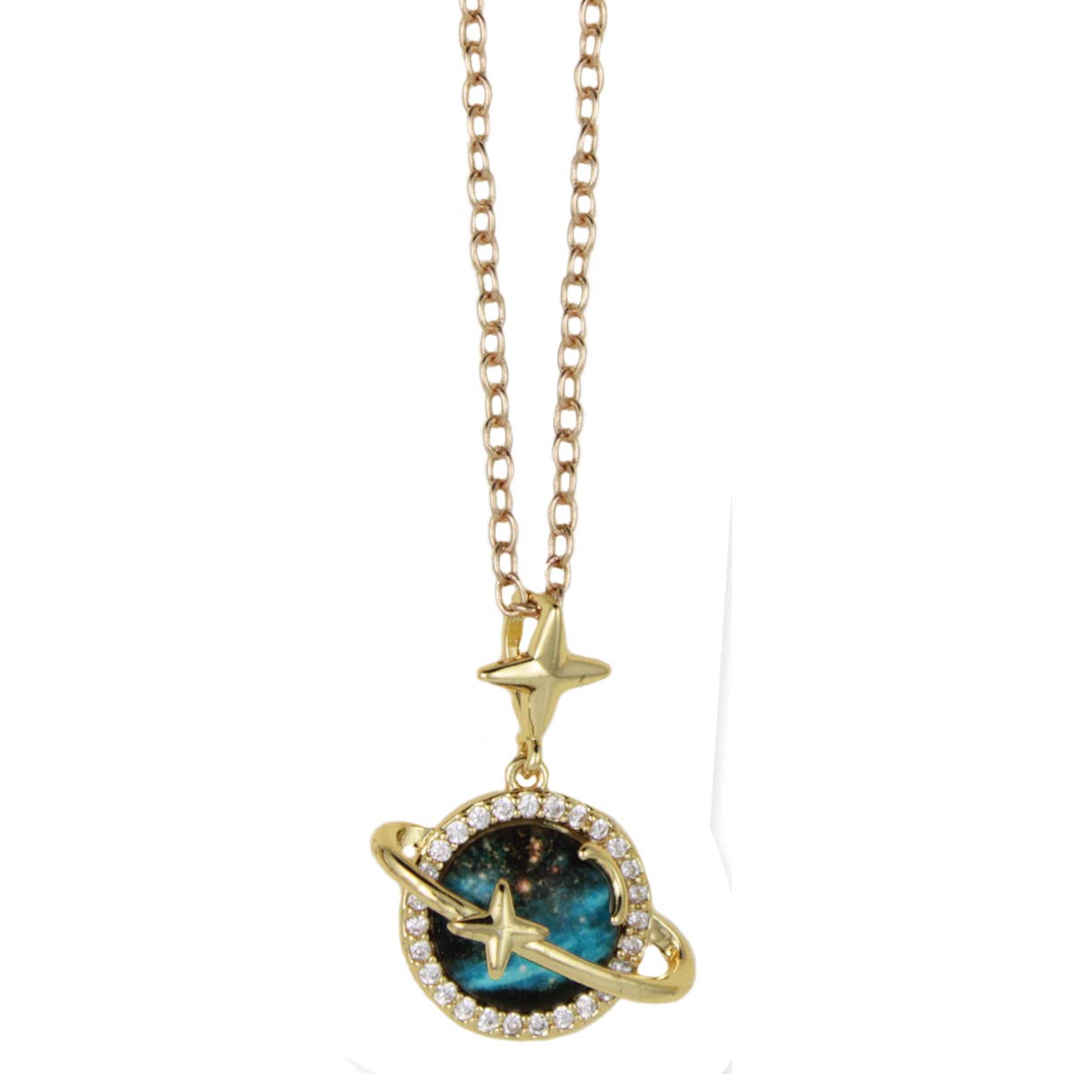 Gold necklace with a blue gemstone pendant on a white background
