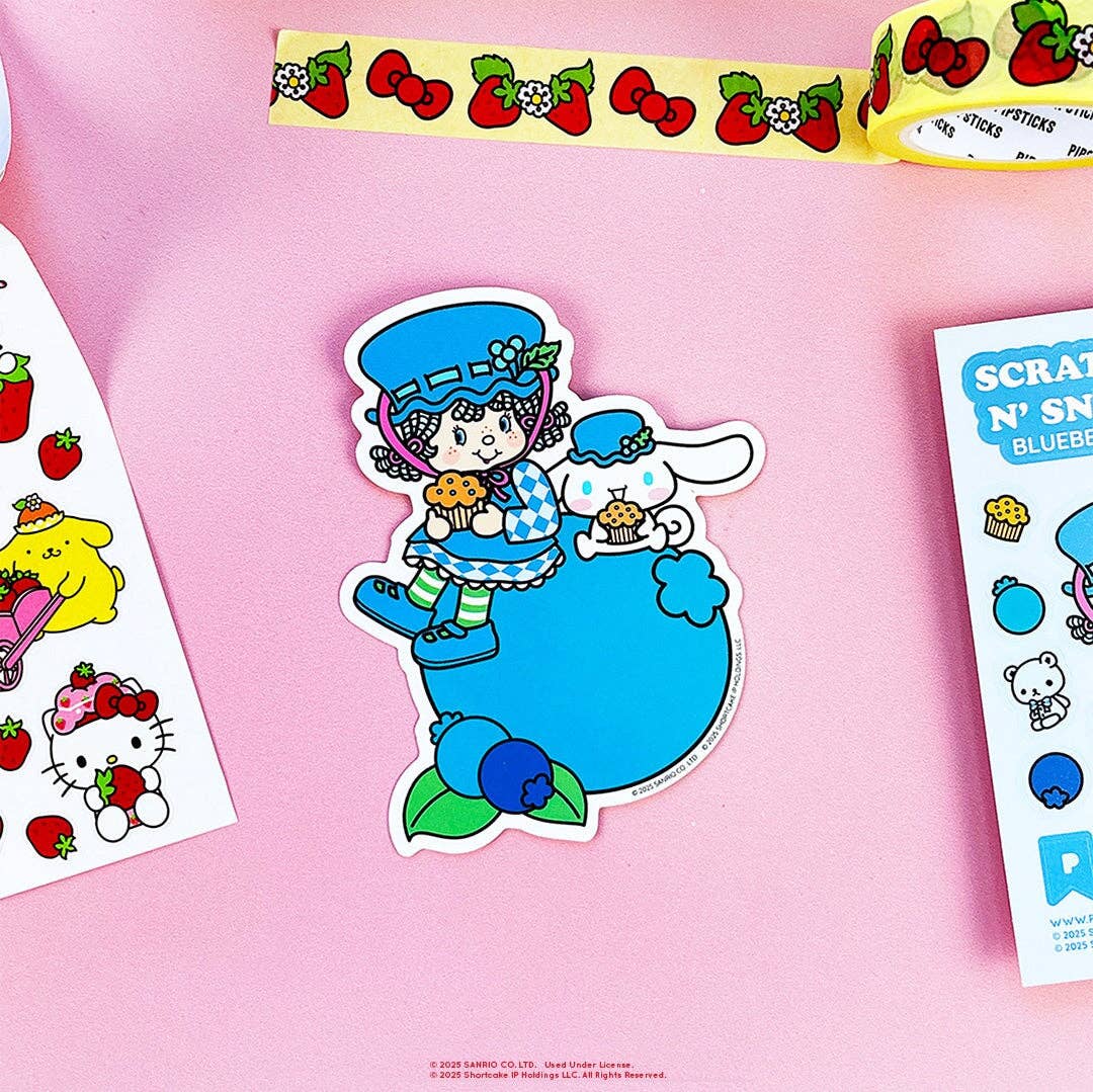 Sticker of a blueberry tart and sanrio cinnamon roll pink background