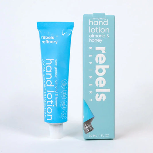 Rebels Refinery hand lotion tube and packaging on a white background