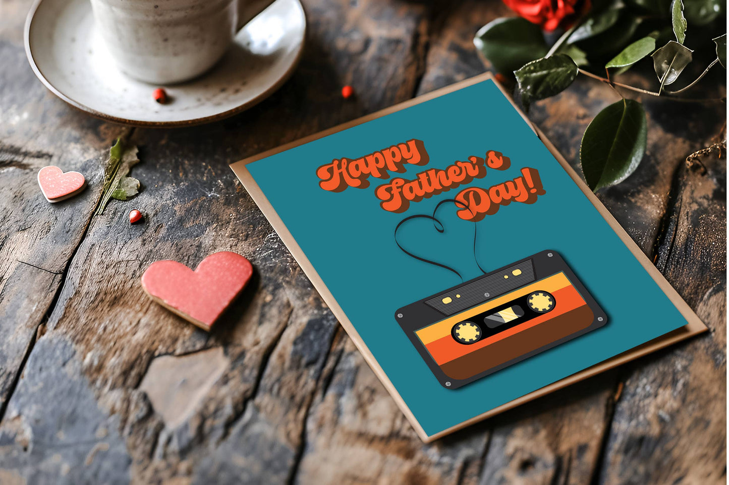 Father's Day card with cassette tape design on a wooden surface with hearts and a cup.