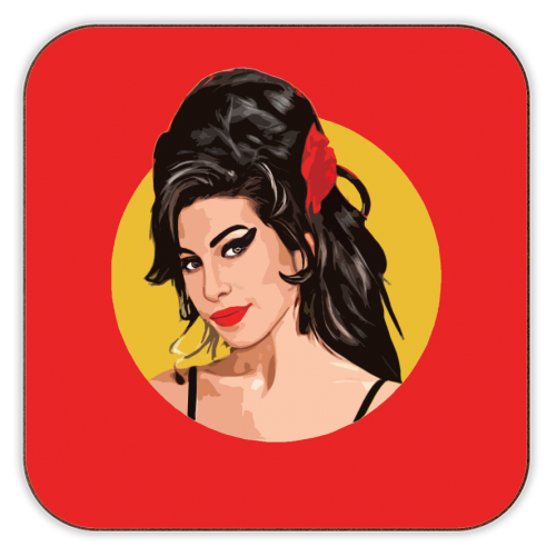 Illustration of Amy Winehouse with a red flower in her hair on a red background
